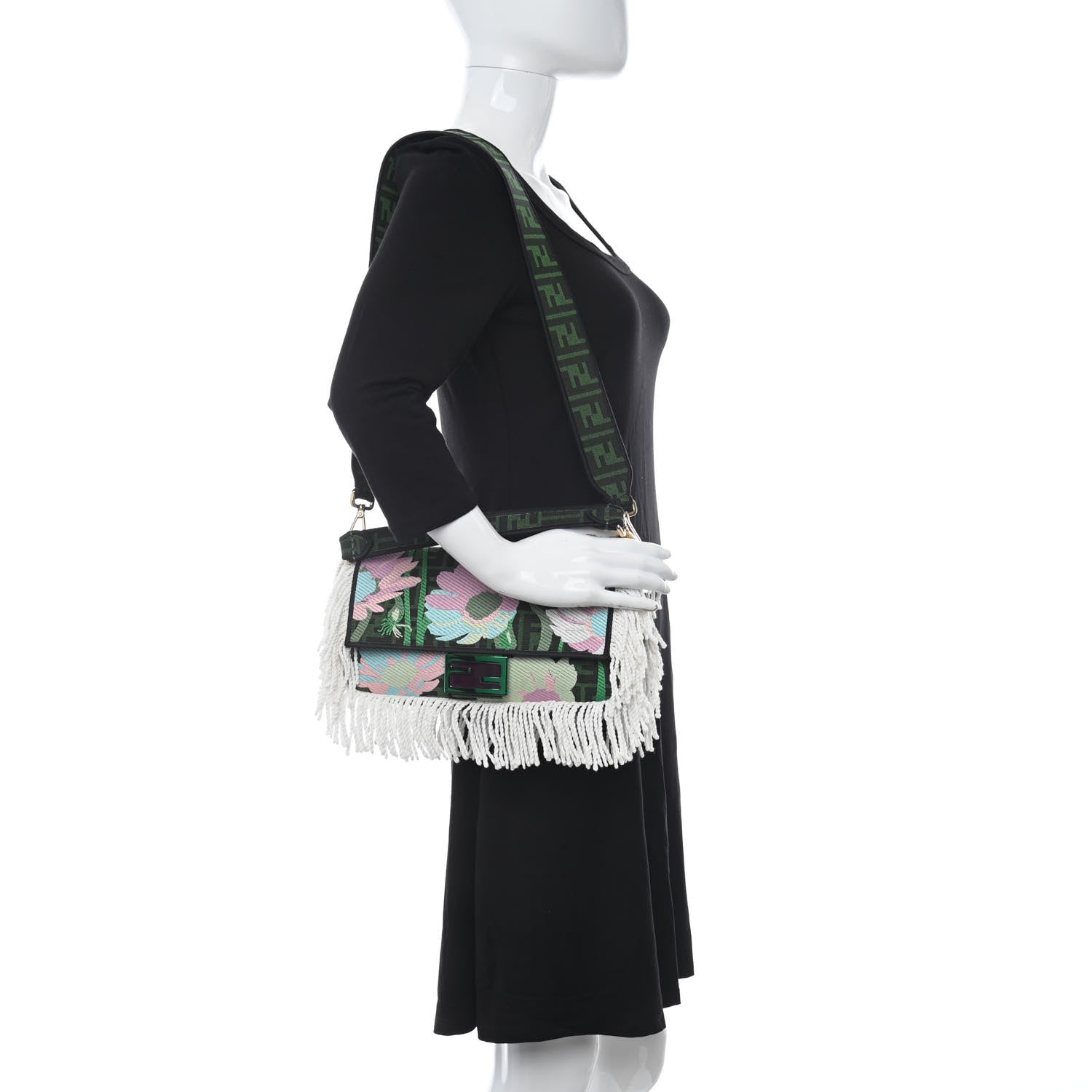 Fendi Fabric Jacquard FF 1974 Fringe Floral Embroidered Baguette Verde Multcolor 2 of 10