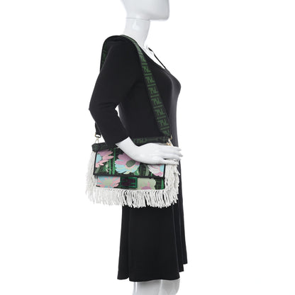 Fendi Fabric Jacquard FF 1974 Fringe Floral Embroidered Baguette Verde Multcolor 2 of 10