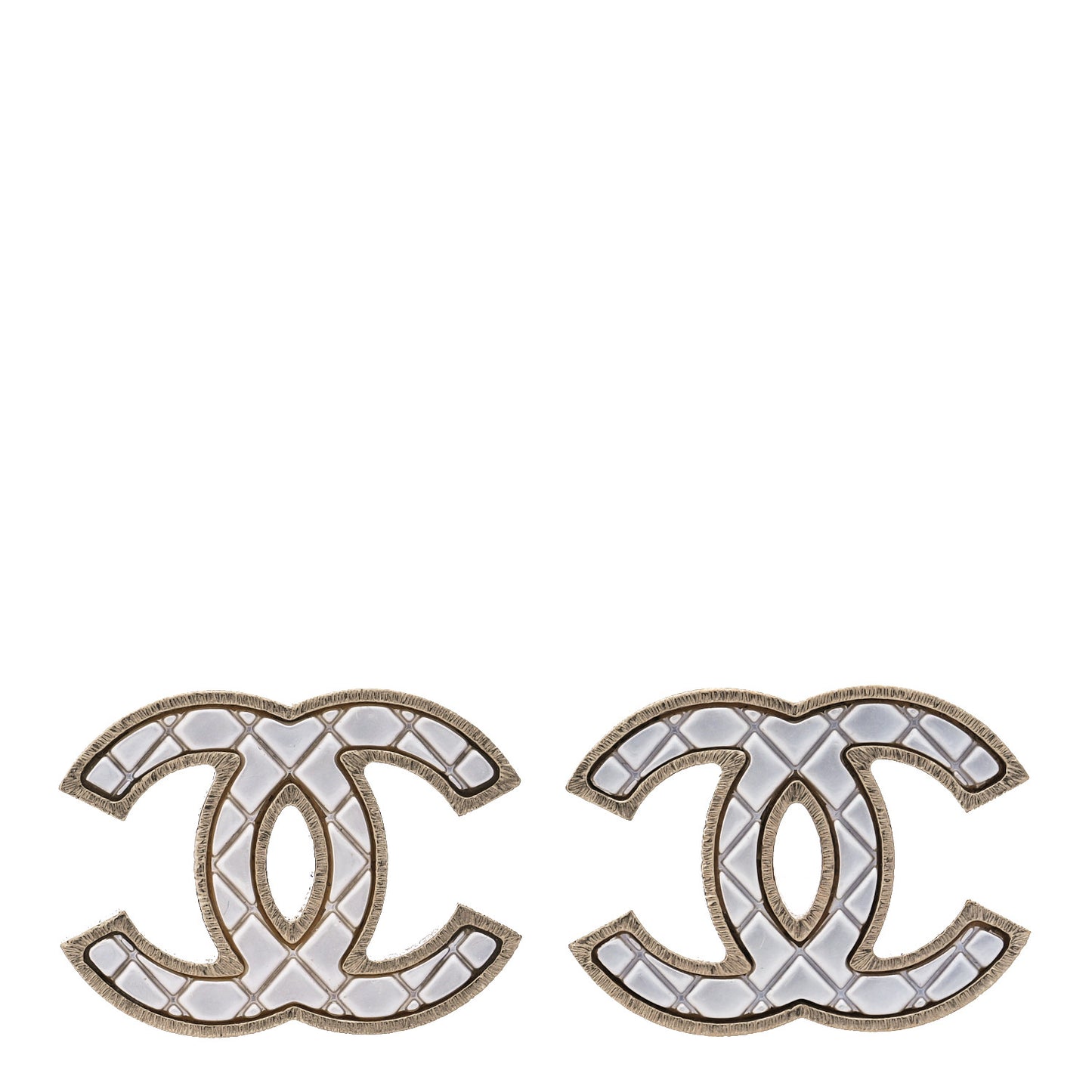 Metal Quilted CC Earrings Gold White