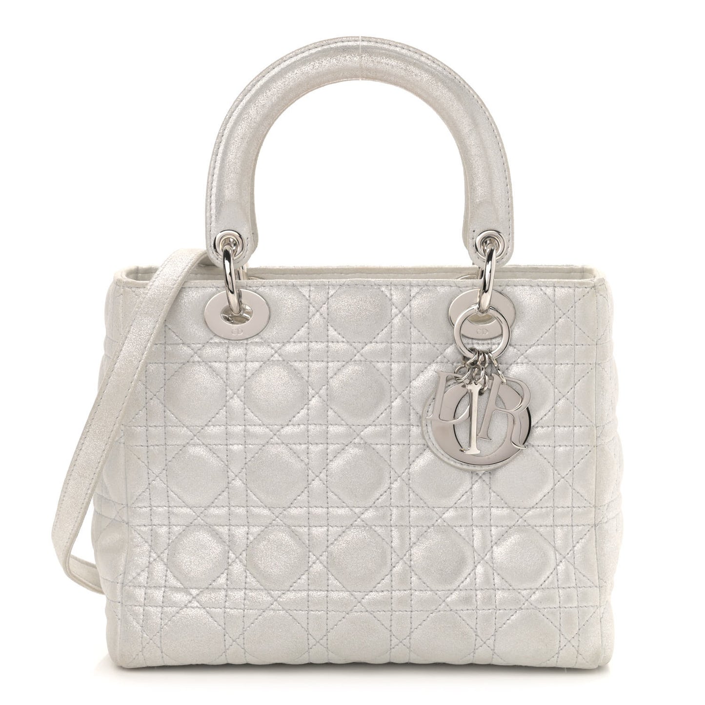 Metallic Lambskin Cannage Medium Lady Dior Silver