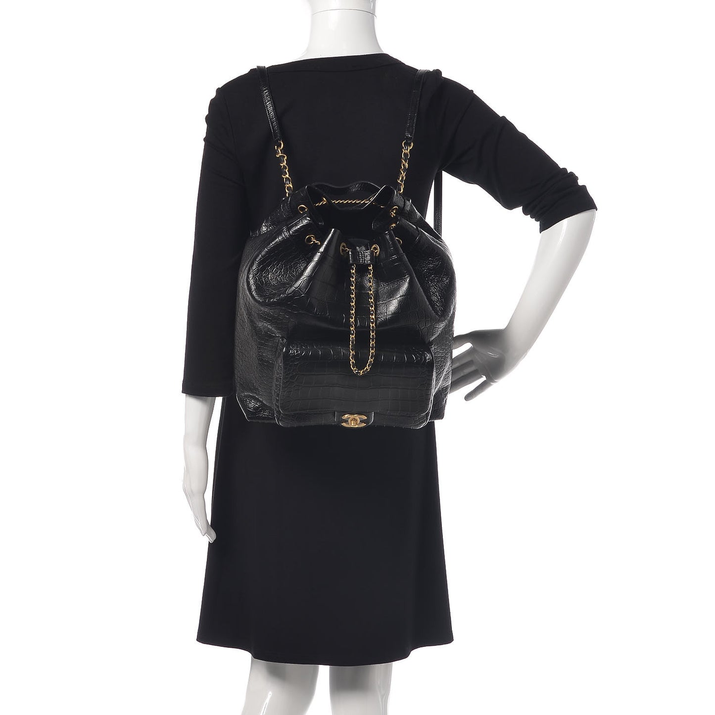 Calfskin Crocodile Embossed Large Backpack Black