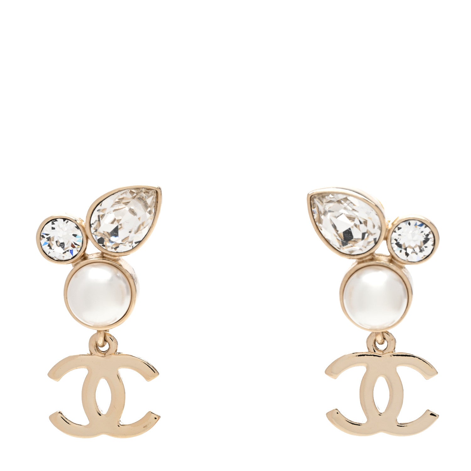 Chanel Pearl Crystal CC Drop Earrings Gold 1 of 5
