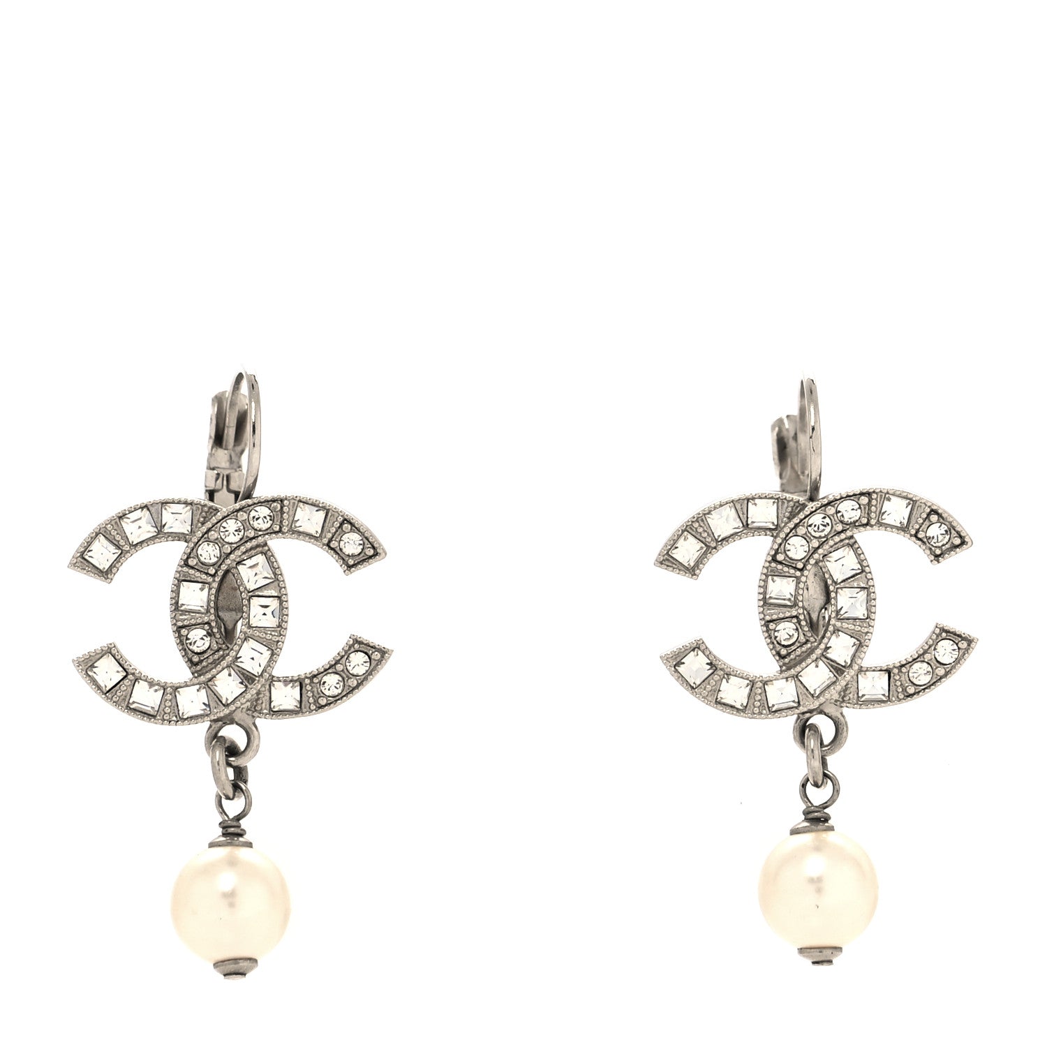 Chanel Crystal Baguette Pearl CC Drop Earrings Silver 1 of 4
