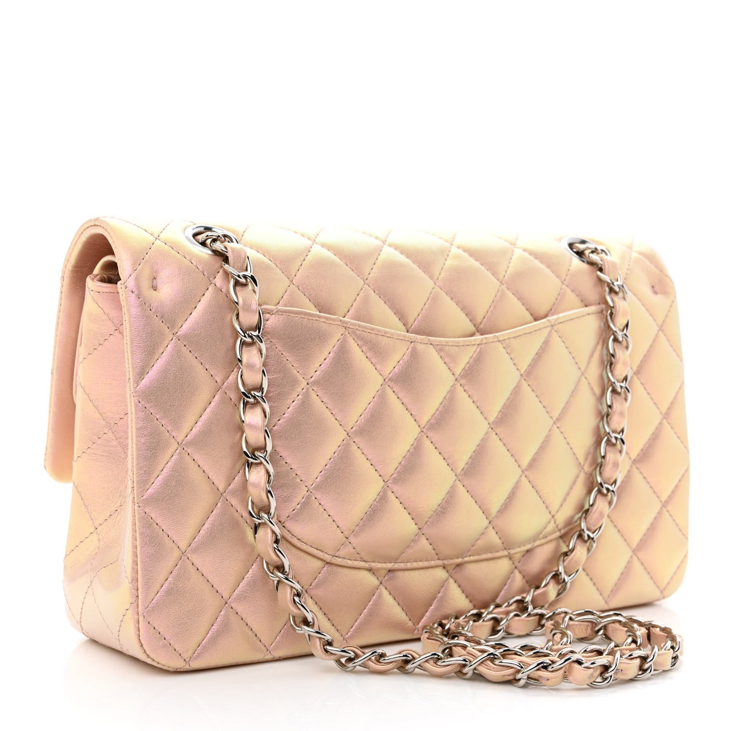 Iridescent Calfskin Quilted Medium Double Flap Pink
