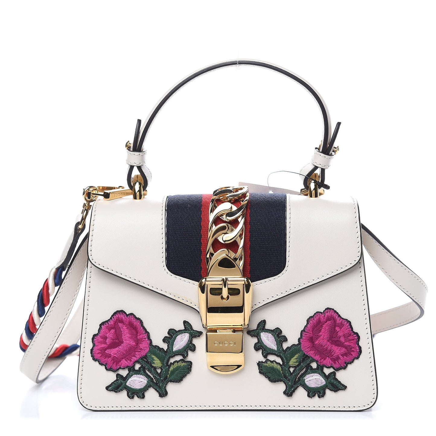 Calfskin Embroidered Mini Sylvie Top Handle Bag White