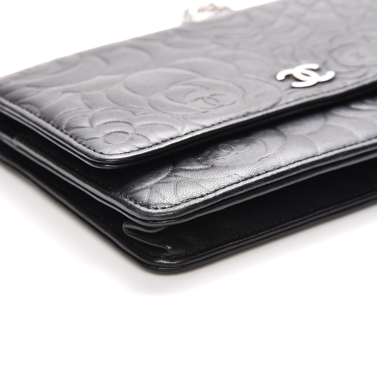 Chanel Lambskin Camellia Embossed Wallet On Chain WOC Black 9 of 10