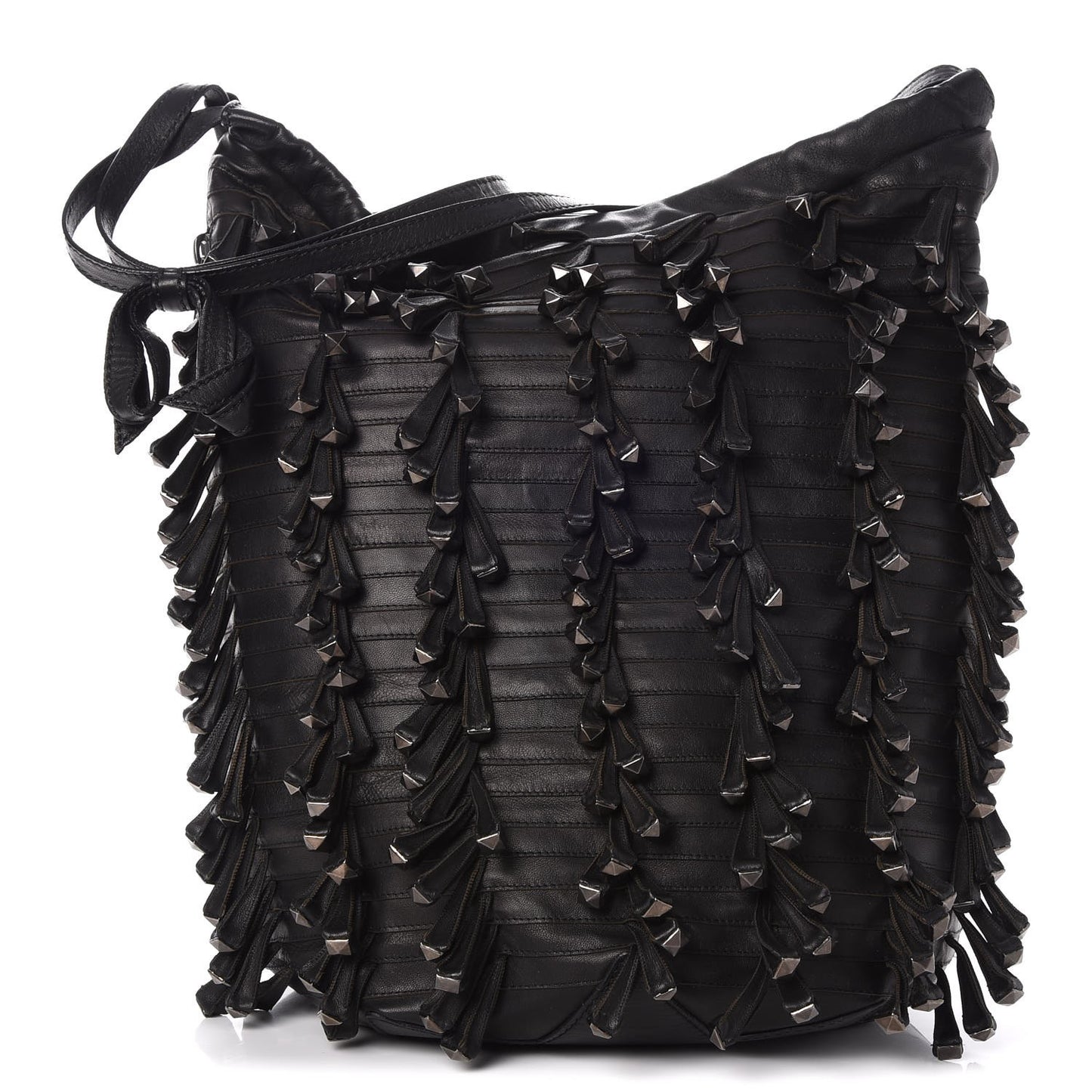 Lambskin Rockstud Fringe Bucket Black