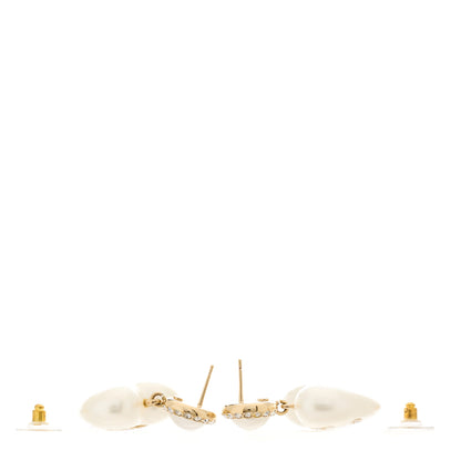 Chanel Pearl Crystal CC Heart Drop Earrings Gold 3 of 5