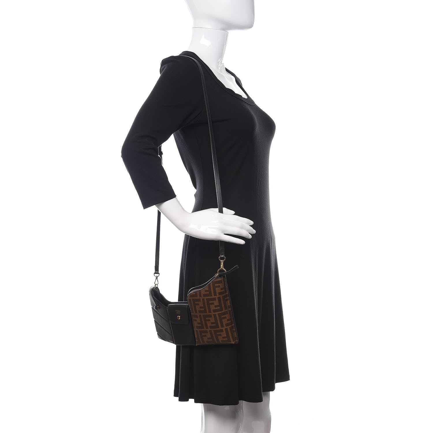 Fendi Vitello Grace Glazed Fabric FF 1974 3 Pocket Mini Crossbody Bag Black Mogano Panna 2 of 9