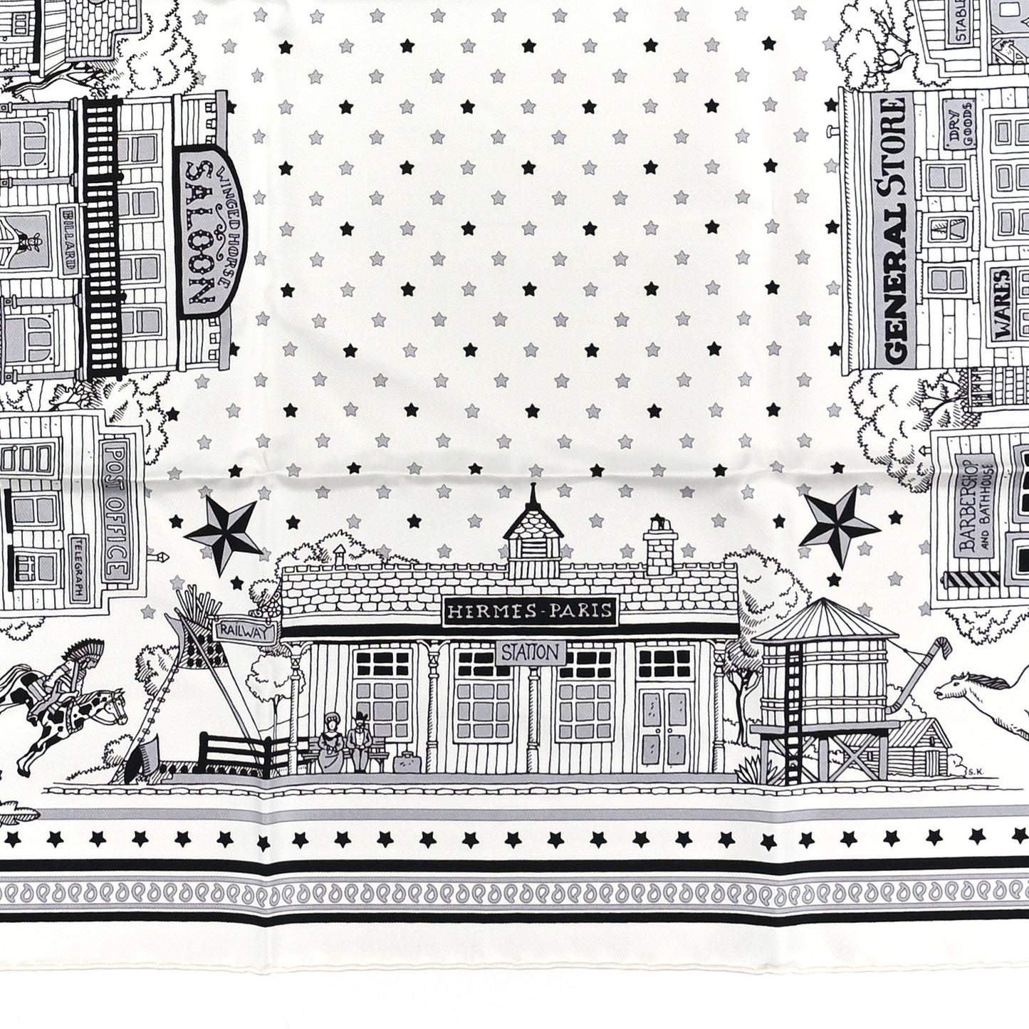 Silk Paris Station Bandana Scarf 55 White Gris Black