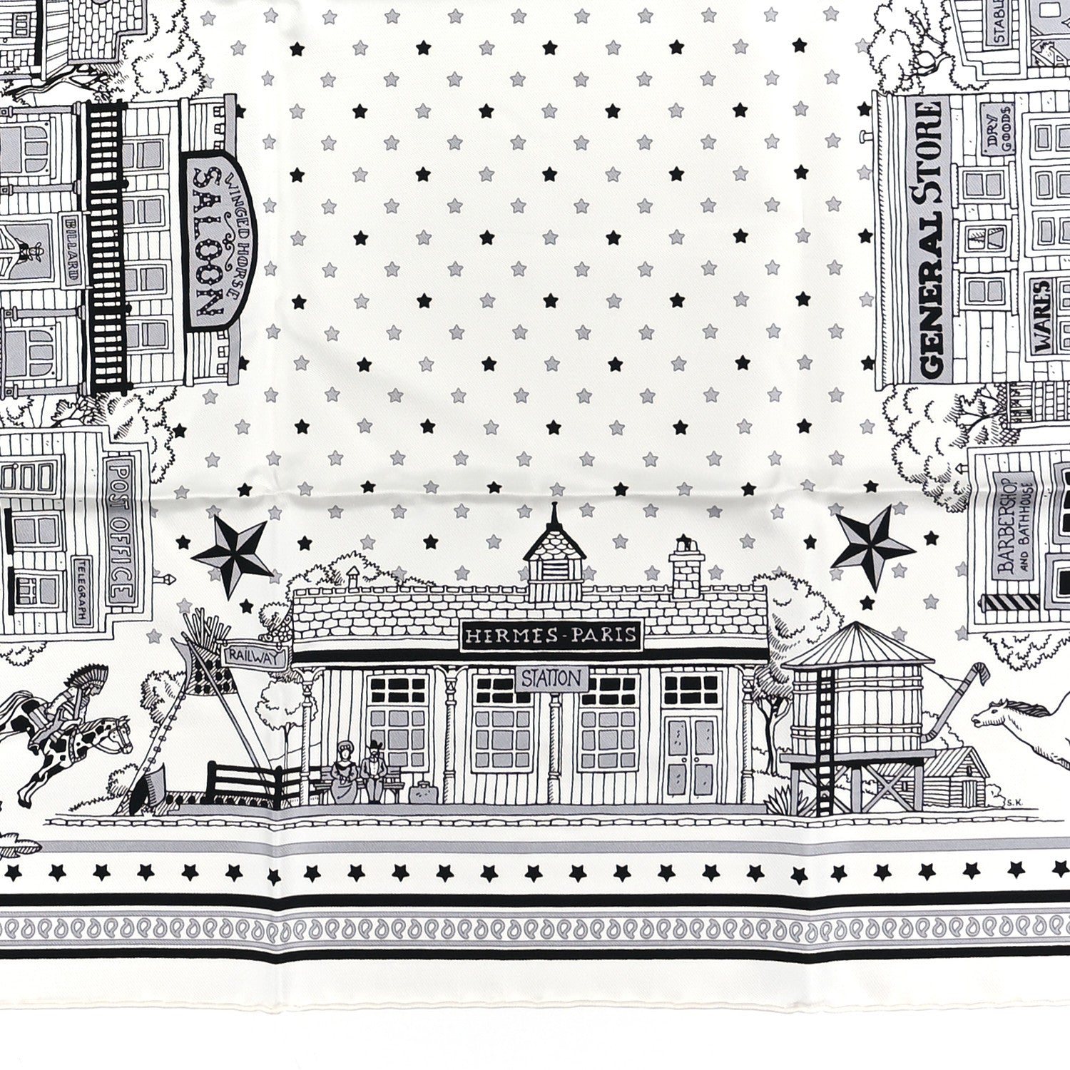 Hermes Silk Paris Station Bandana Scarf 55 White Gris Black 2 of 4