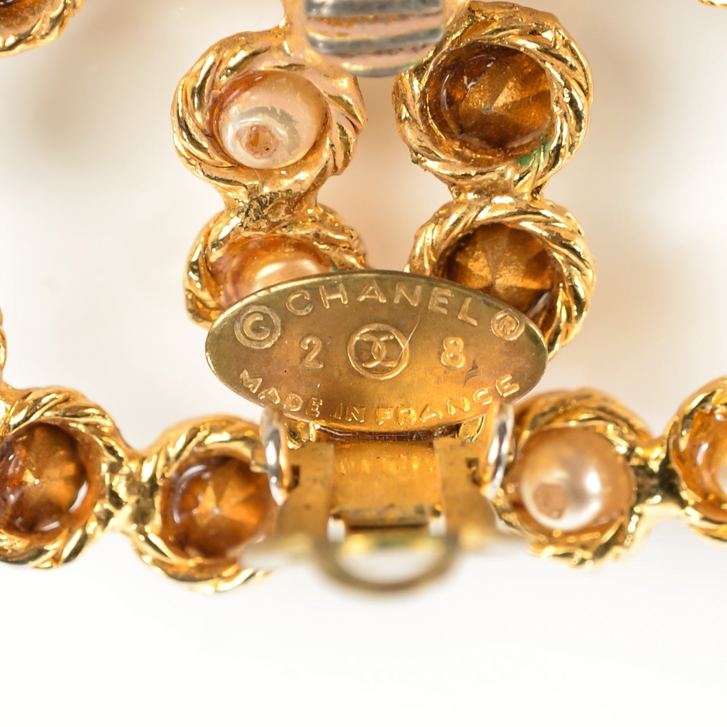 Pearl Crystal CC Clip On Earrings Gold