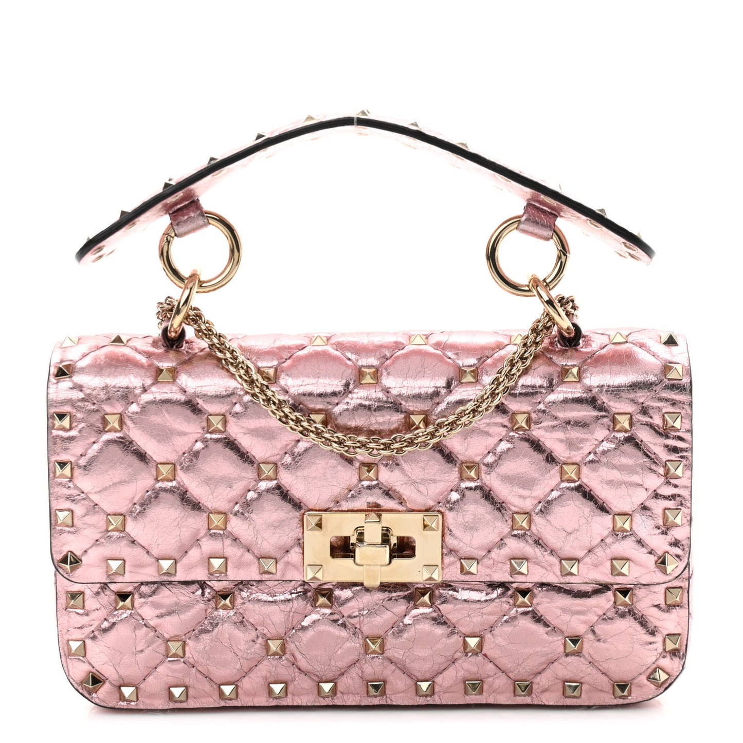 Metallic Wrinkled Lambskin Small Rockstud Spike Shoulder Bag Lipstick