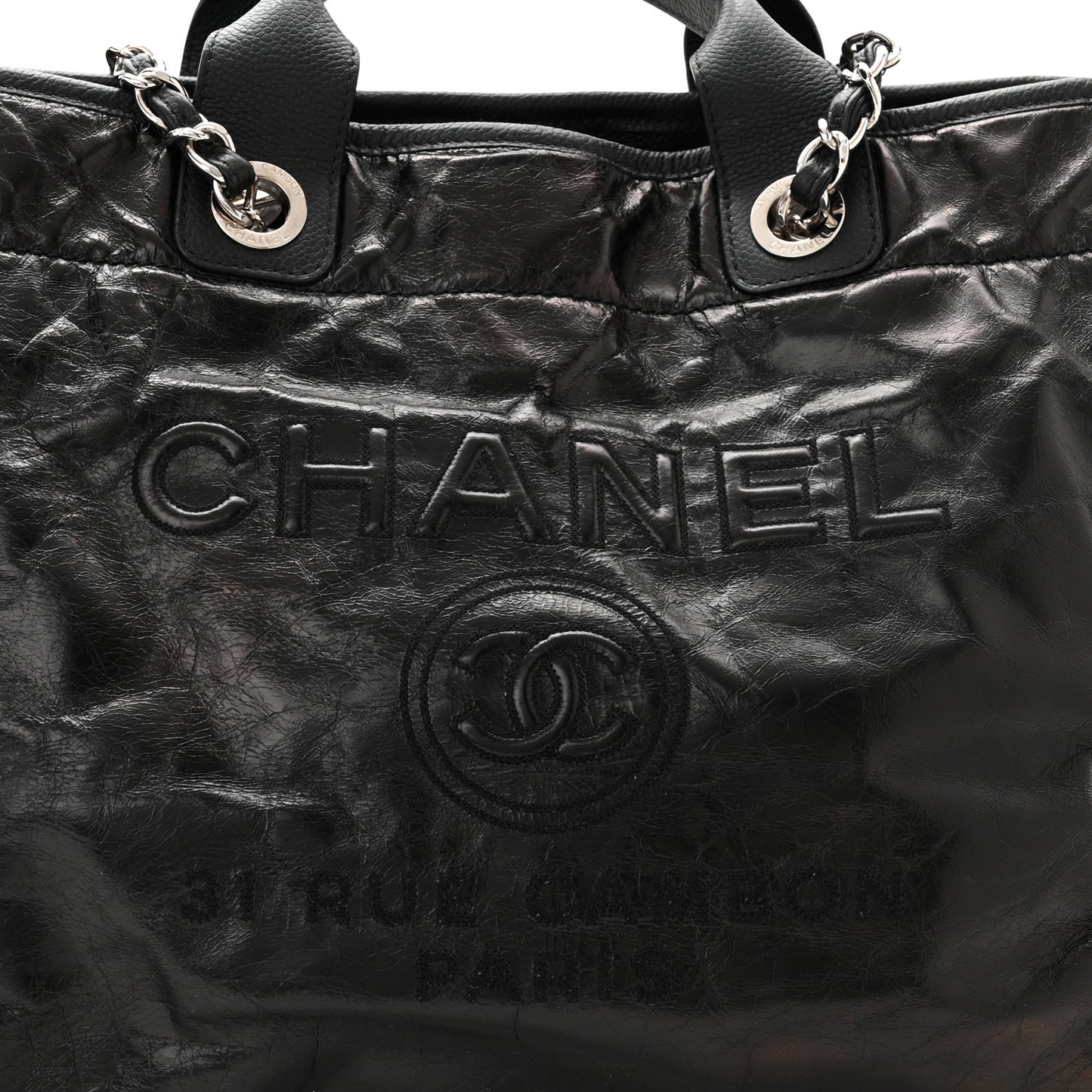 Glazed Calfskin Medium Deauville Tote Black