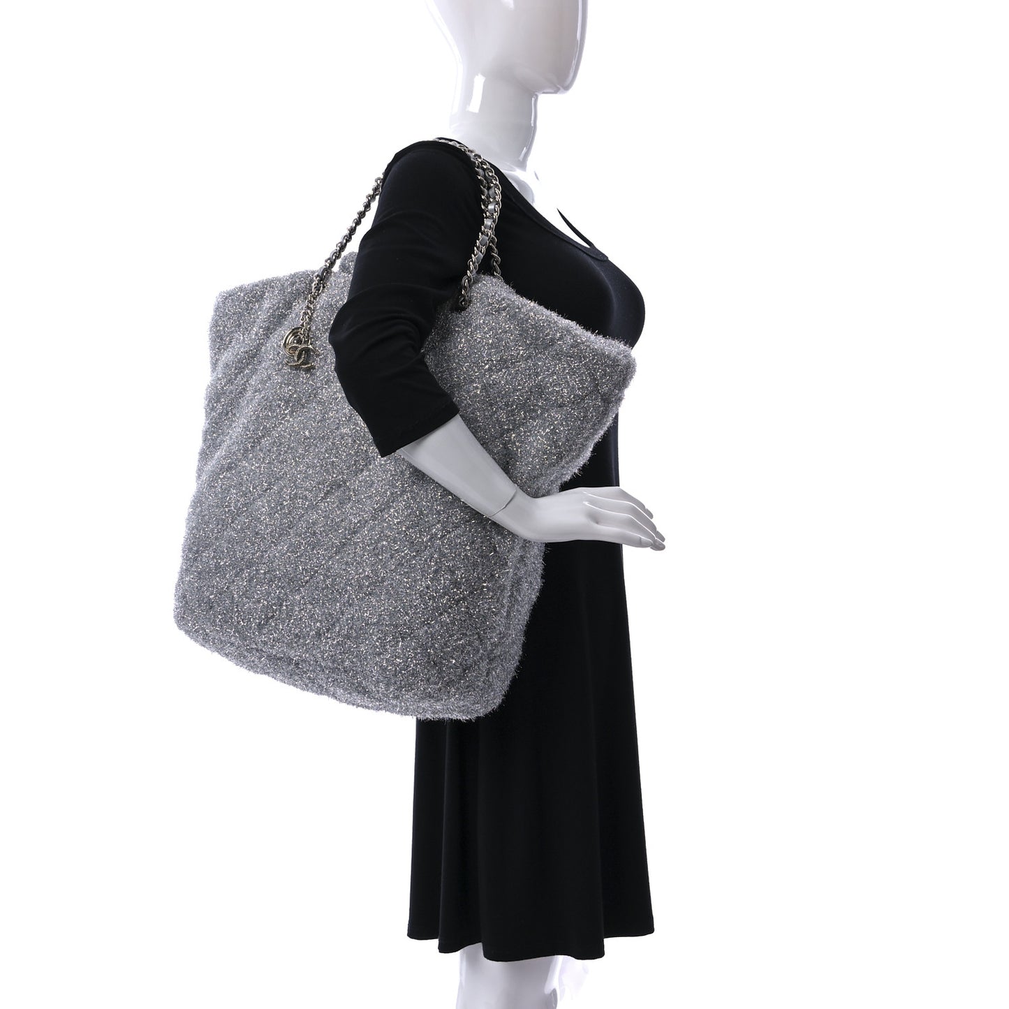 Knit Metallic Lambskin Large Shopping Tote Silver