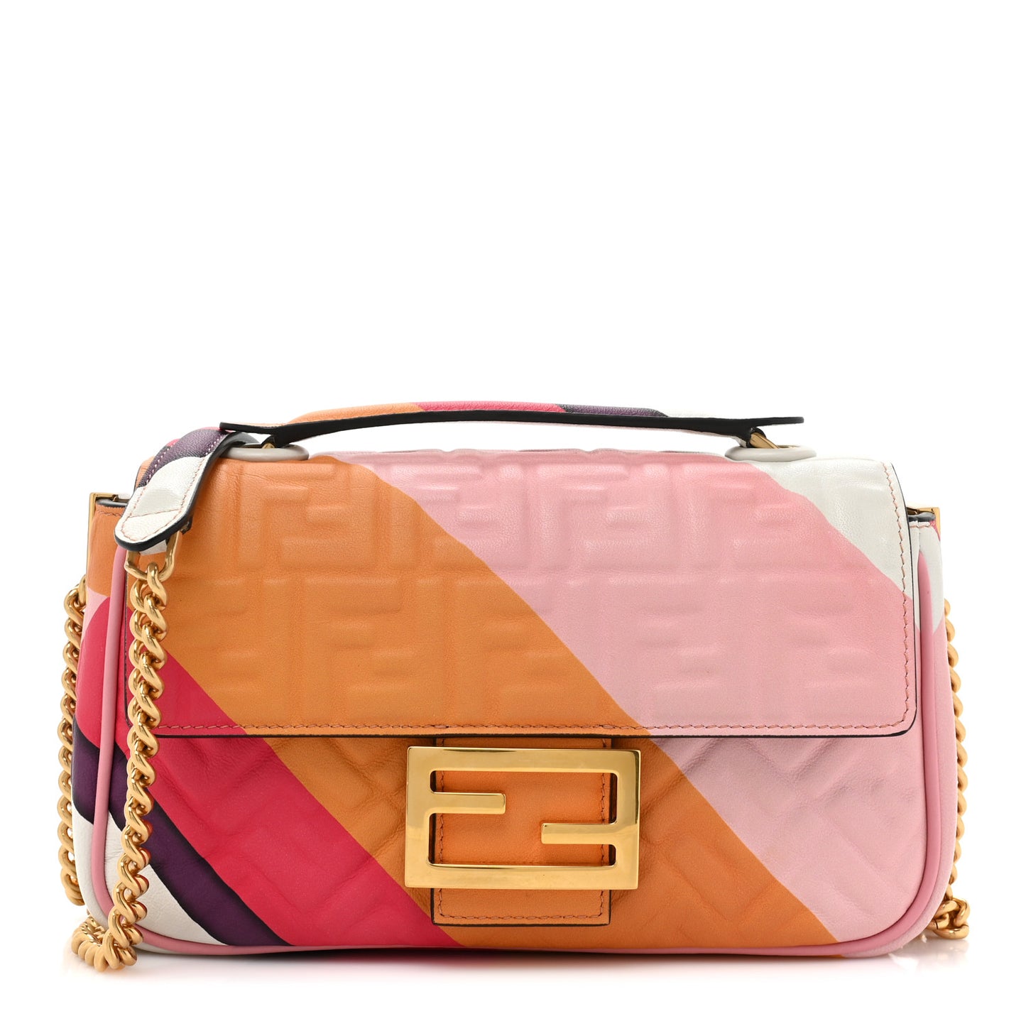 Nappa FF Embossed Line Print Midi Chain Baguette White Multicolor