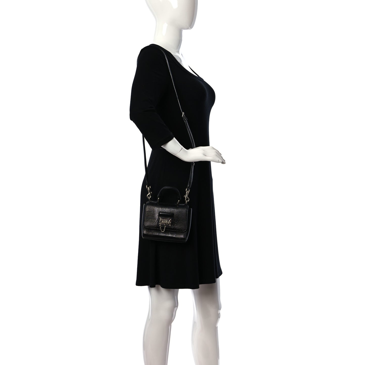 Lizard Calfskin Embossed Small Monica Top Handle Bag Black