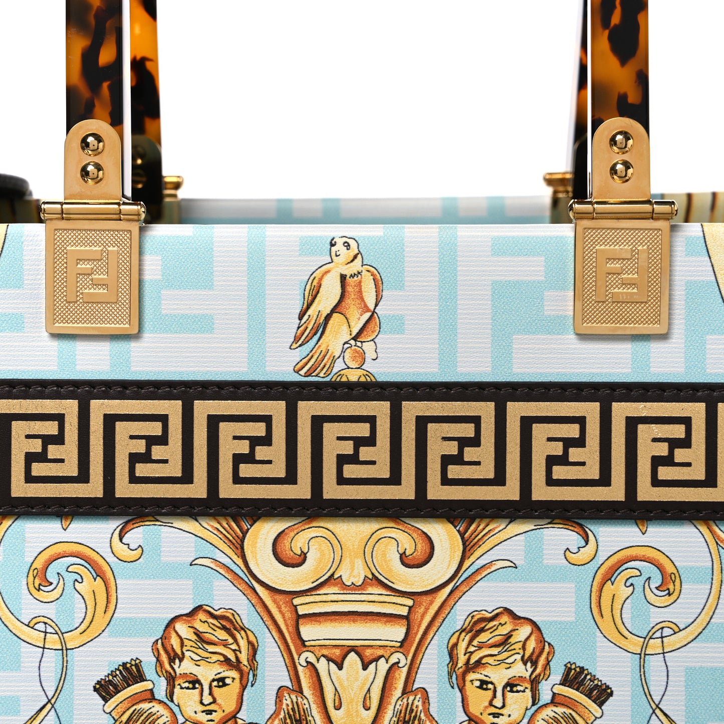 X VERSACE Calfskin Plexiglass Fendace FF Baroque Print Medium Fendi Sunshine Shopper Tote Gold Multicolor