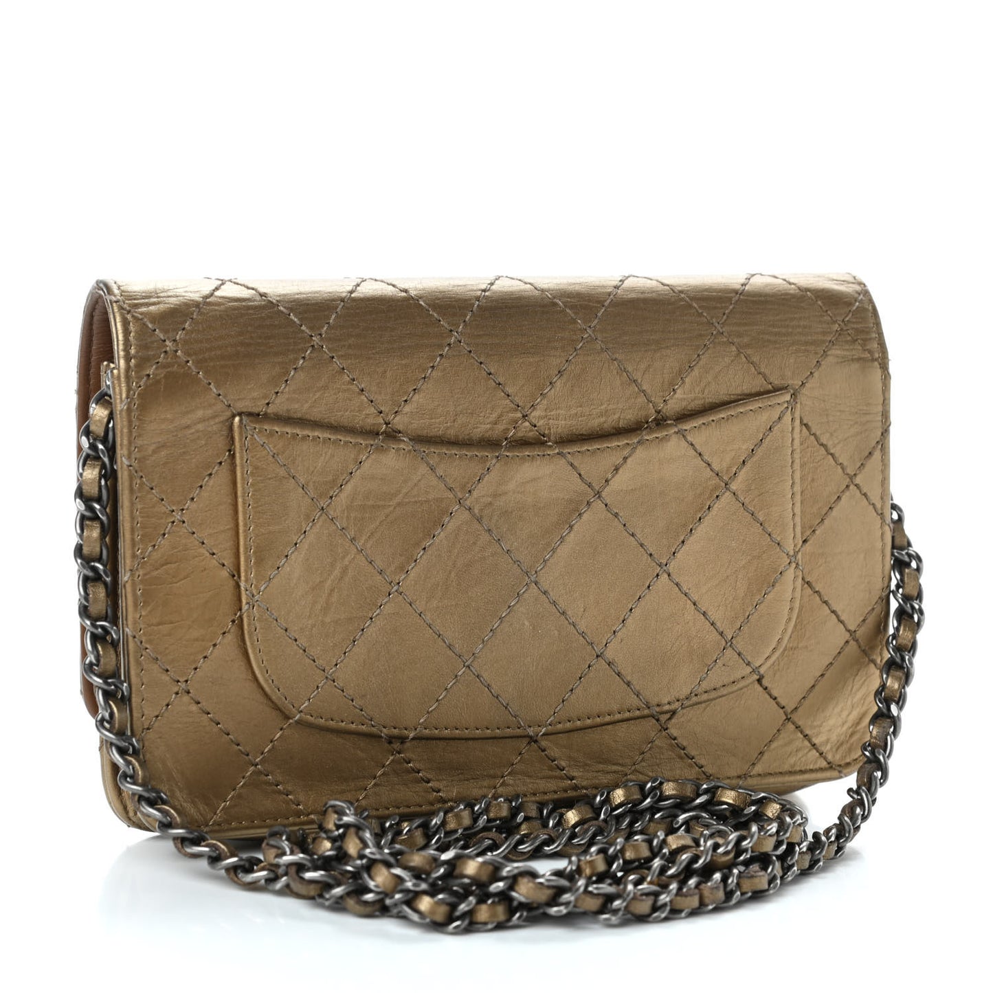 Metallic Aged Calfskin Quilted Reissue Wallet On Chain WOC Gold