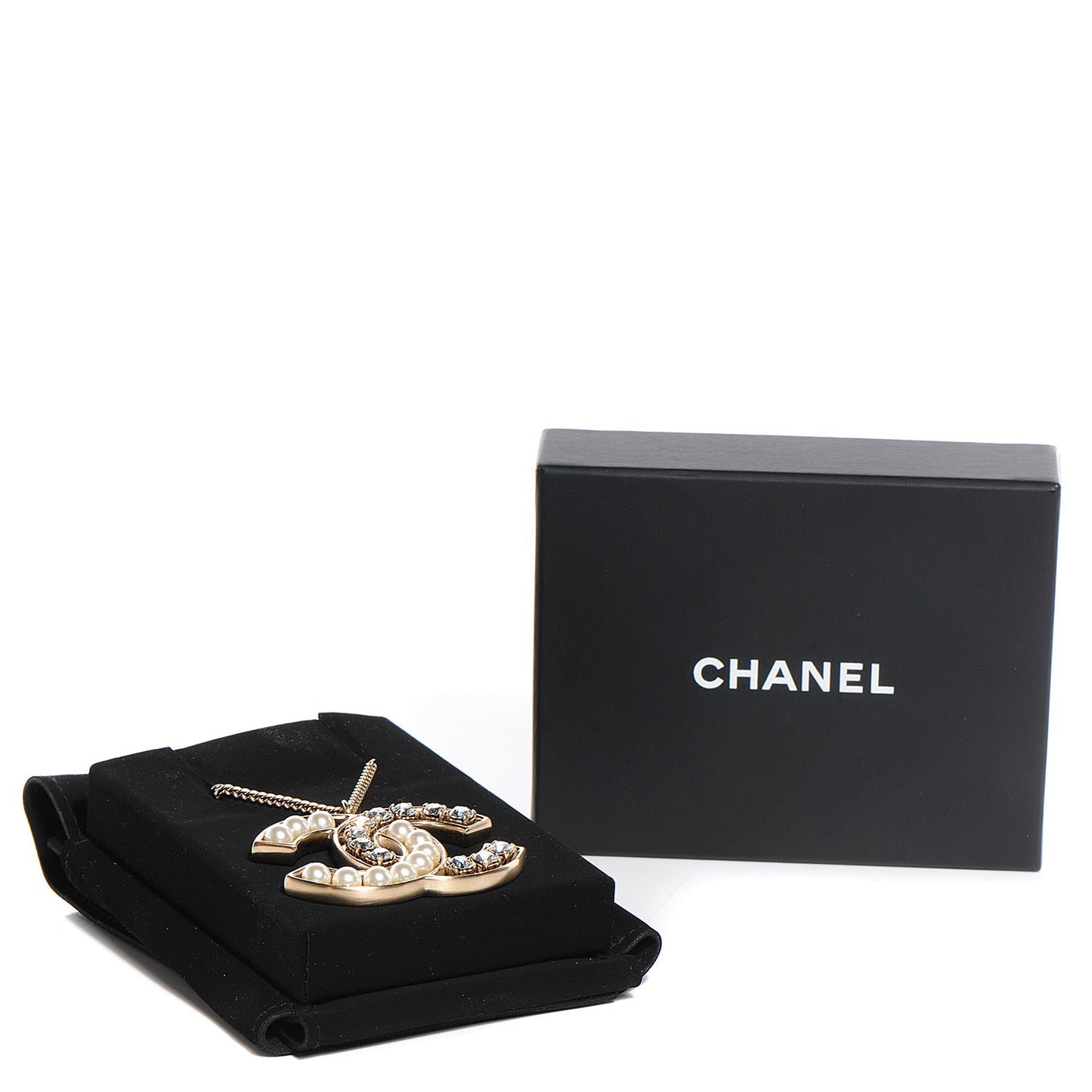 Crystal Pearl CC Pendant Necklace Gold