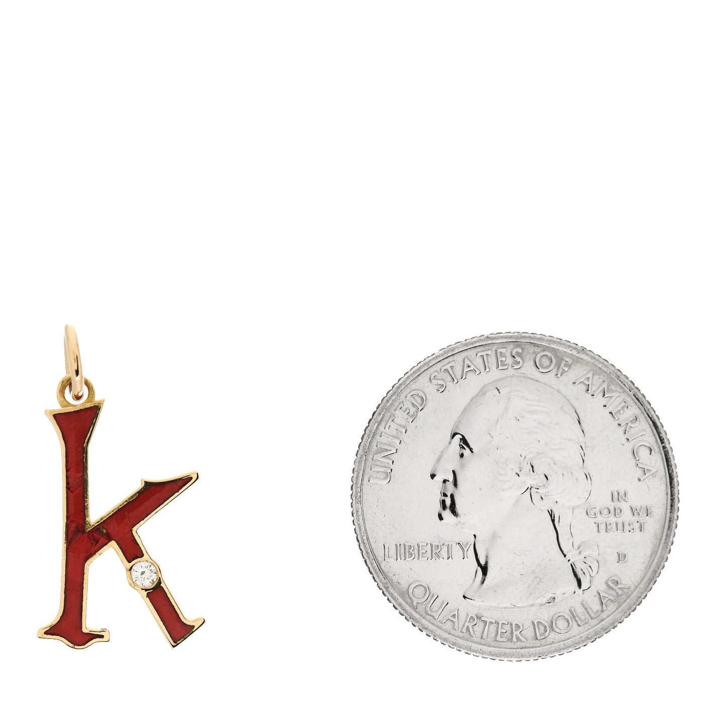 18K Yellow Gold Diamond Enamel Point Initial K Charm Red