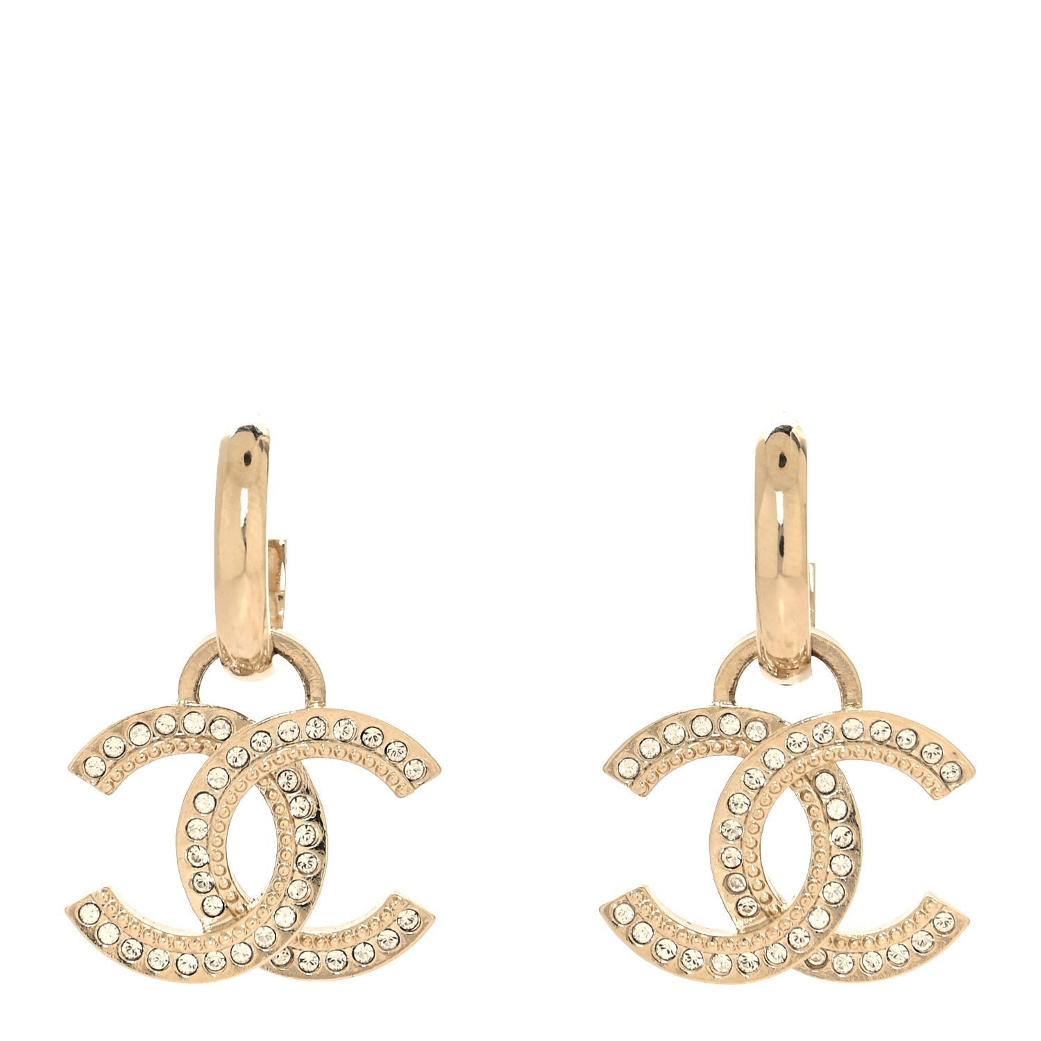 Chanel Metal Crystal CC Hoop Drop Earrings Gold 1 of 5