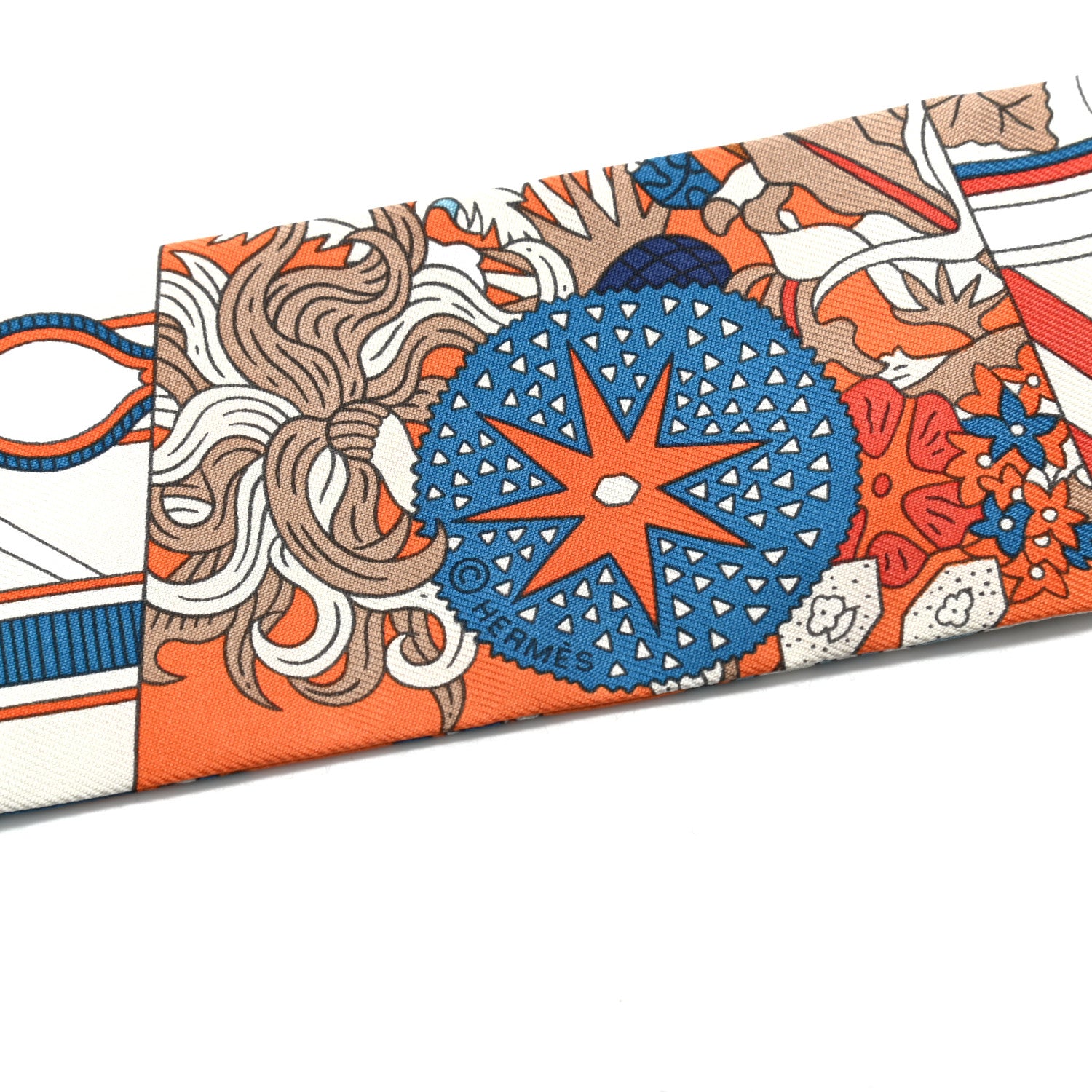Hermes Silk De l'Ombrelle Aux Duels Twilly Bleu Potiron Creme 3 of 4