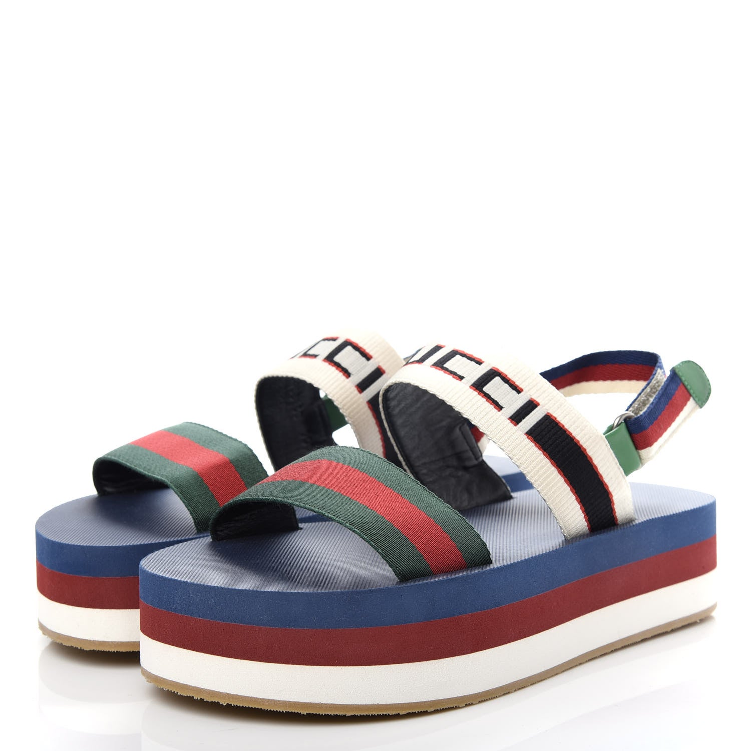 Gucci Canvas Logo Stripe Flatform Slingback Sandals 38 Green Red Blue 3 of 10