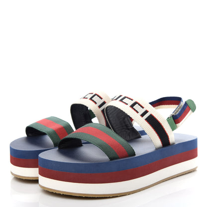 Gucci Canvas Logo Stripe Flatform Slingback Sandals 38 Green Red Blue 3 of 10