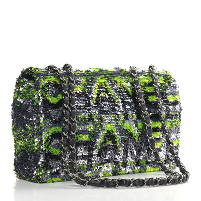 Chanel Sequin Logo Single Flap Green Silver Black 3 of 9