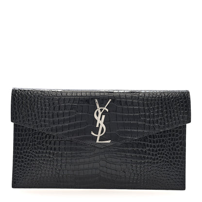 Saint Laurent Calfskin Crocodile Embossed Uptown Monogram Pouch Black 1 of 6