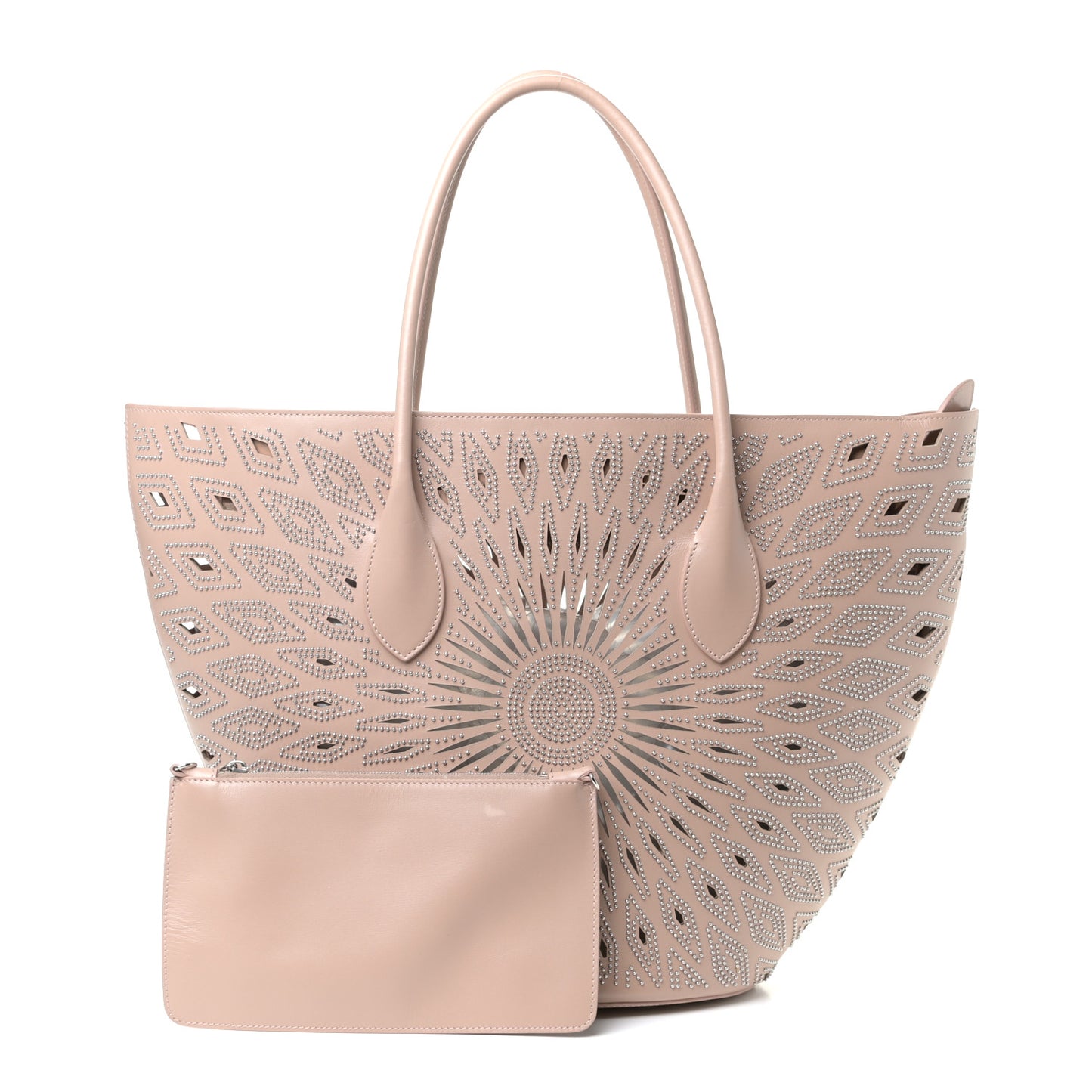 Calfskin Laser Cut Studded Mini Latifa Tote Sable