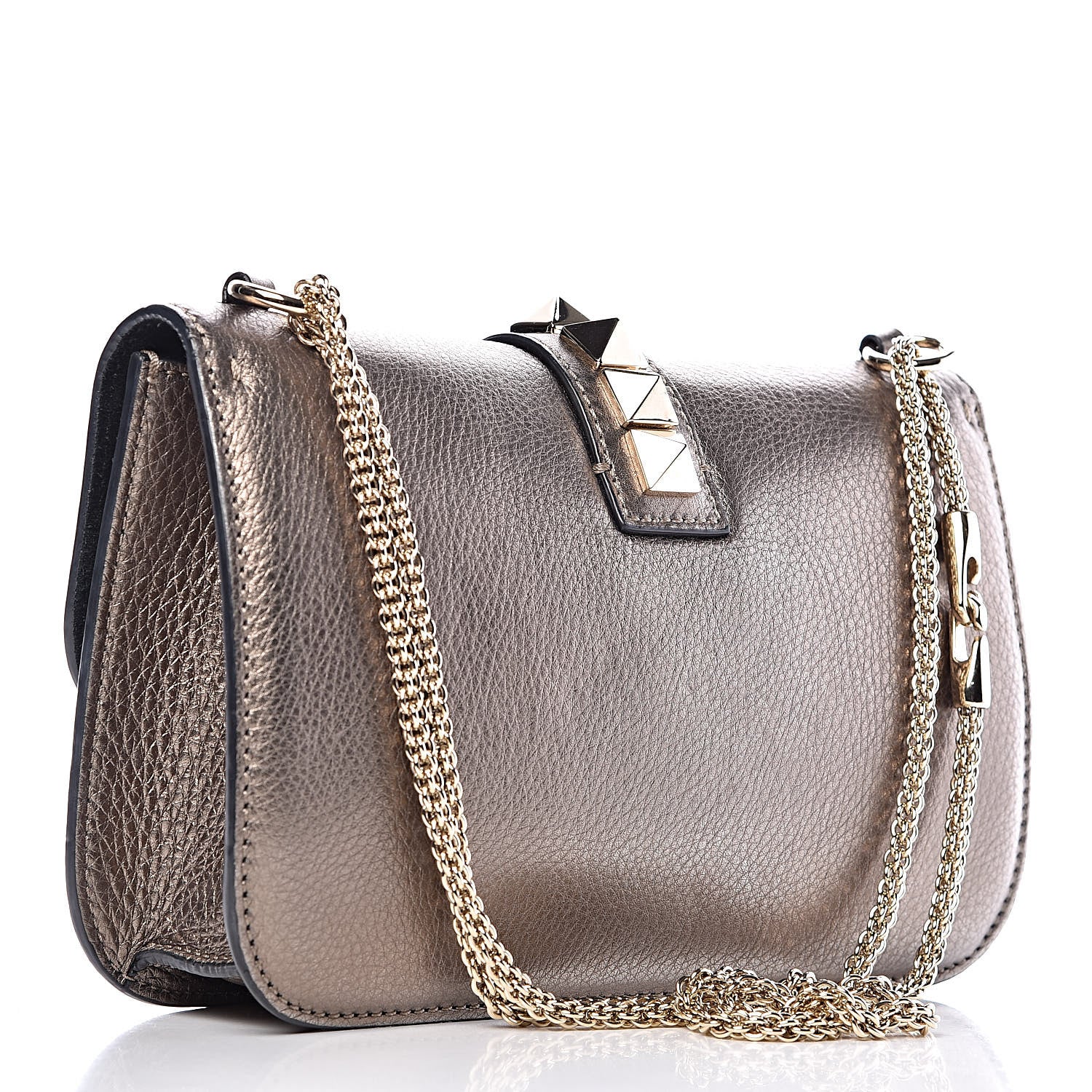 Valentino Garavani Metallic Vitello Medium Glam Lock Rockstud Flap Sasso 3 of 10