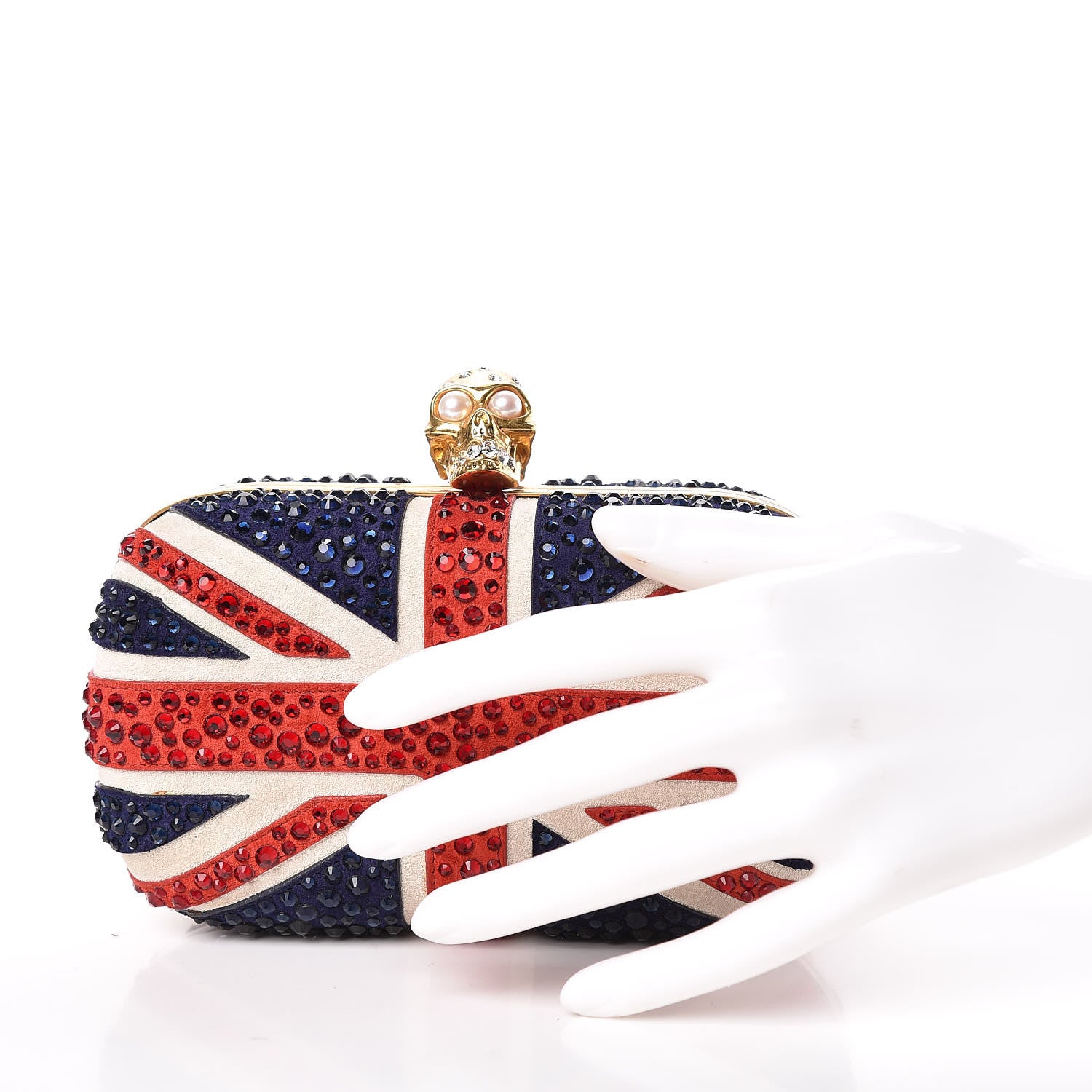 Alexander McQueen Suede Swarovski Crystal Pearl Britannia Skull Box Clutch Red Blue 2 of 13