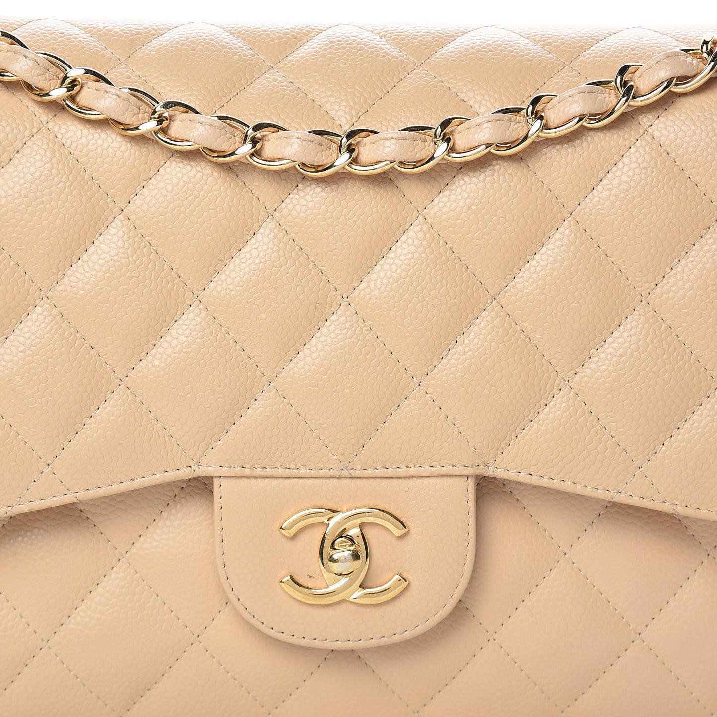 Caviar Quilted Jumbo Double Flap Beige