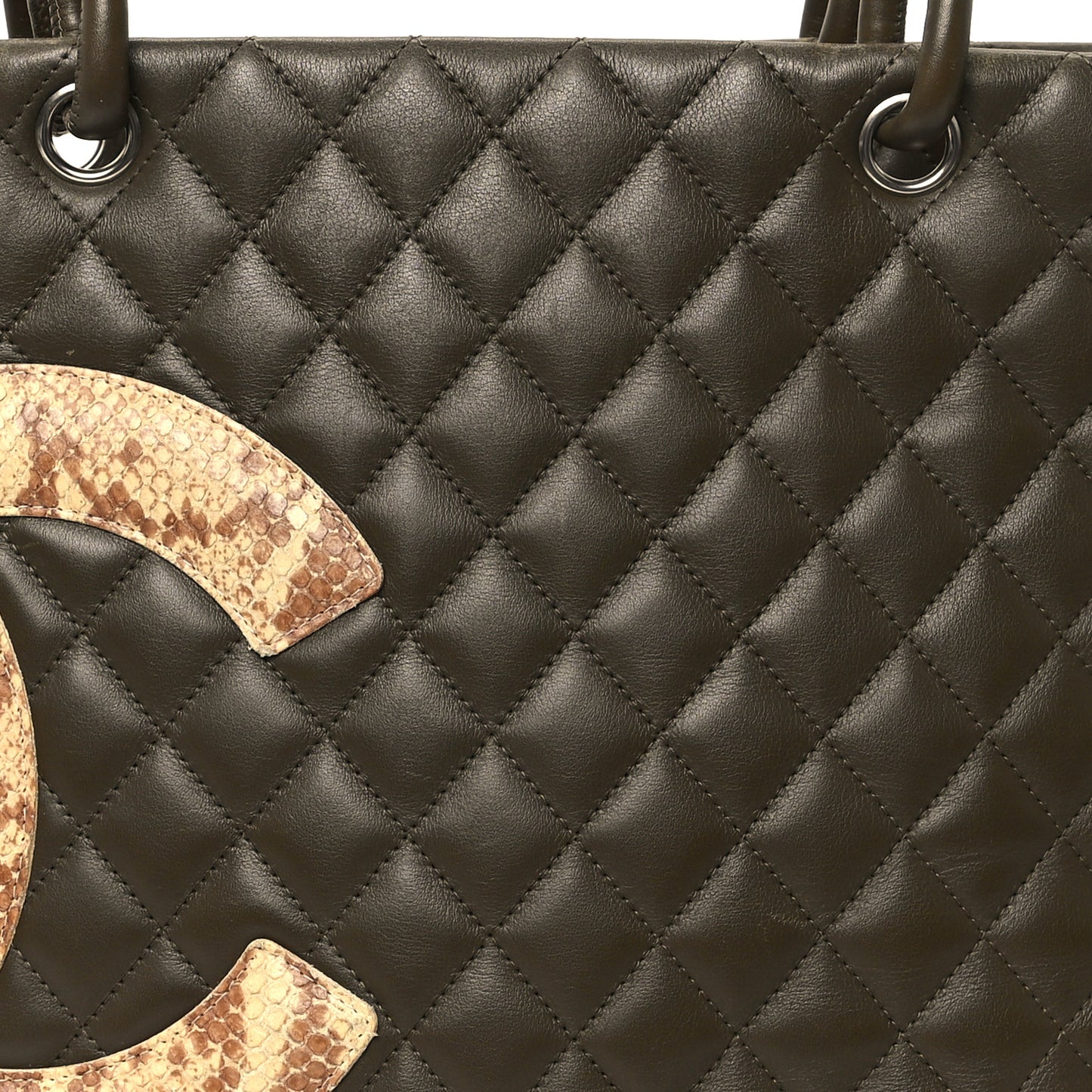 Calfskin Snakeskin Quilted Large Cambon Tote Khaki