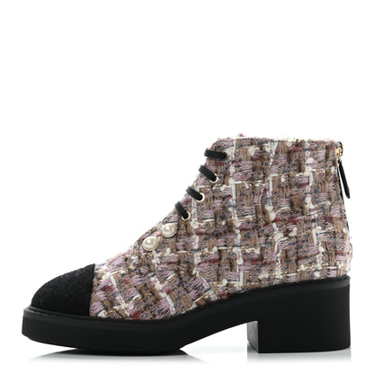 Chanel Tweed Calfskin Pearl Combat Short Boots 38.5 Multicolor 1 of 11