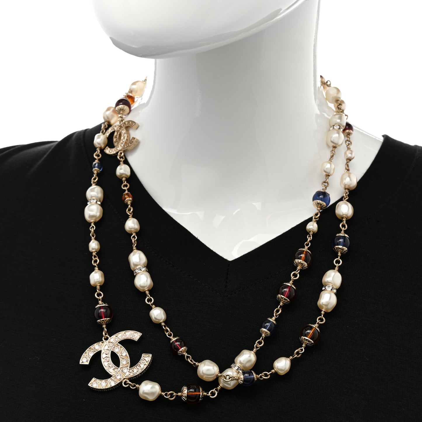 Pearl Beaded Crystal CC Long Necklace Gold Multi