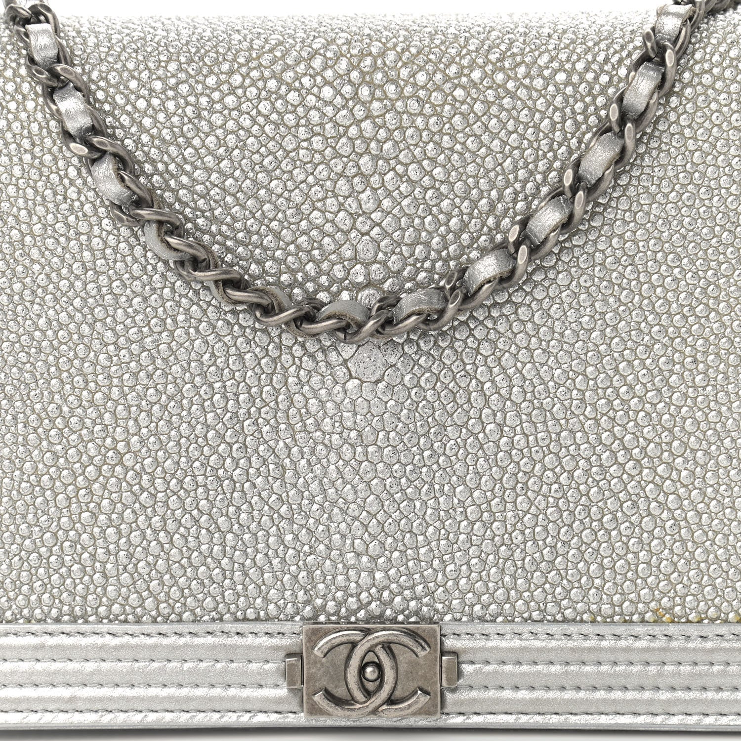 Chanel Metallic Galuchat Stingray Lambskin Boy Wallet On Chain WOC Silver 9 of 14