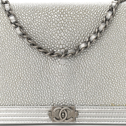Chanel Metallic Galuchat Stingray Lambskin Boy Wallet On Chain WOC Silver 9 of 14
