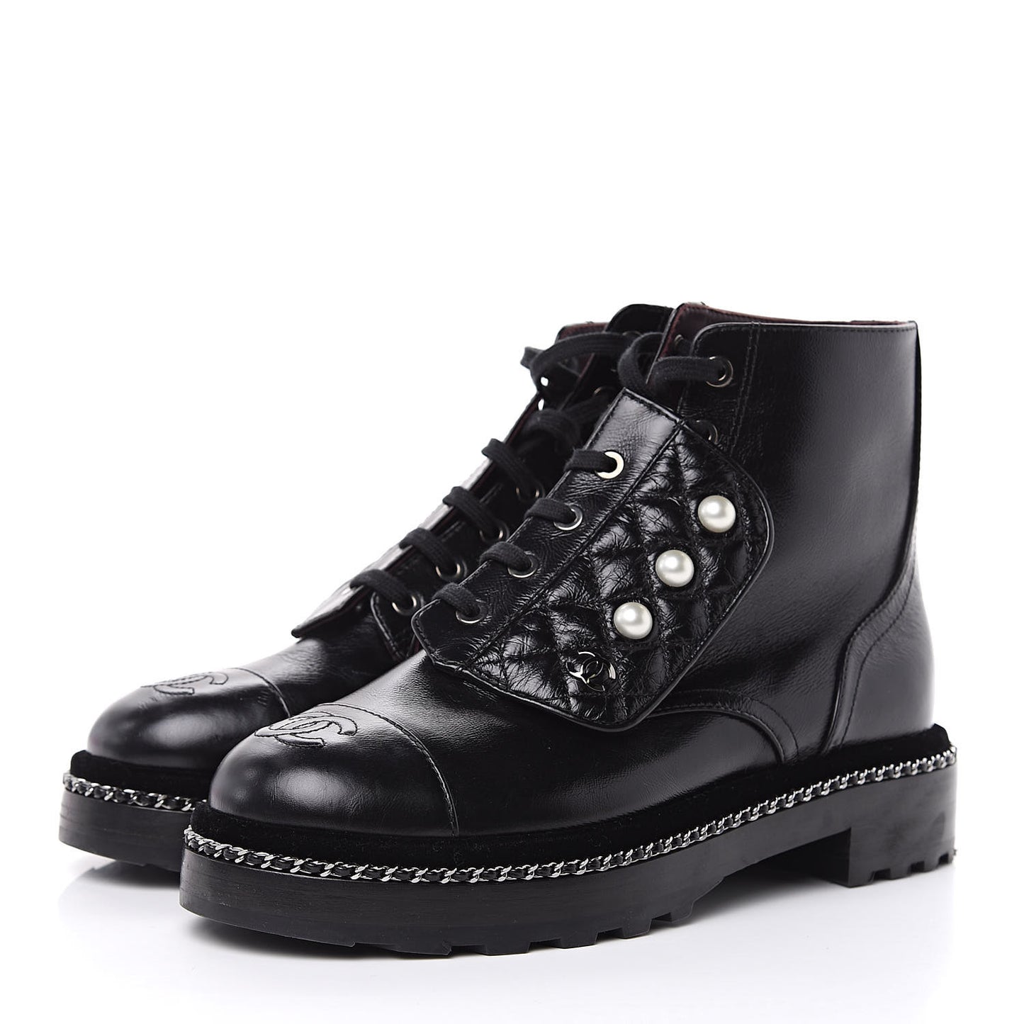 Crackled Calfskin Velvet Pearl Combat Short Boots 38 Black