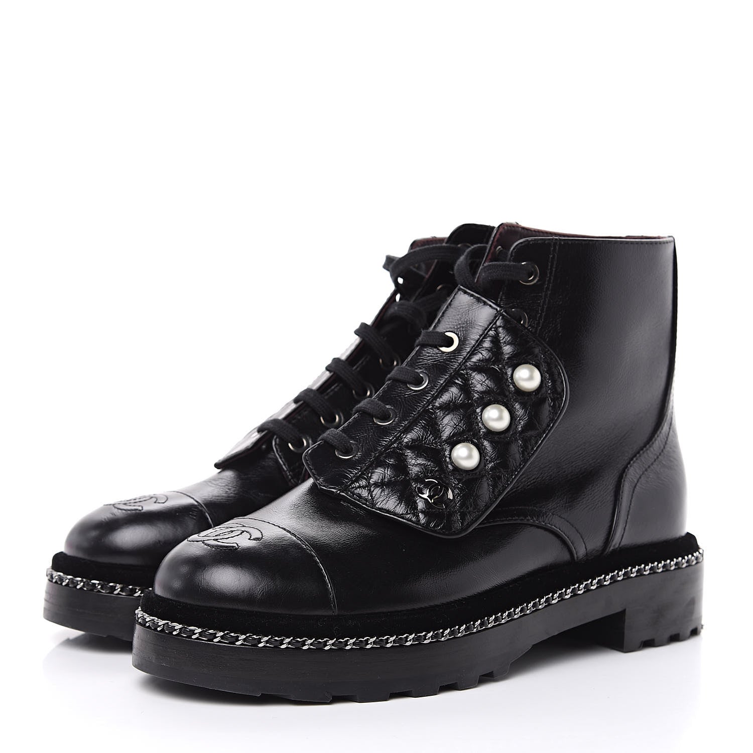 Chanel Crackled Calfskin Velvet Pearl Combat Short Boots 38 Black 4 of 8