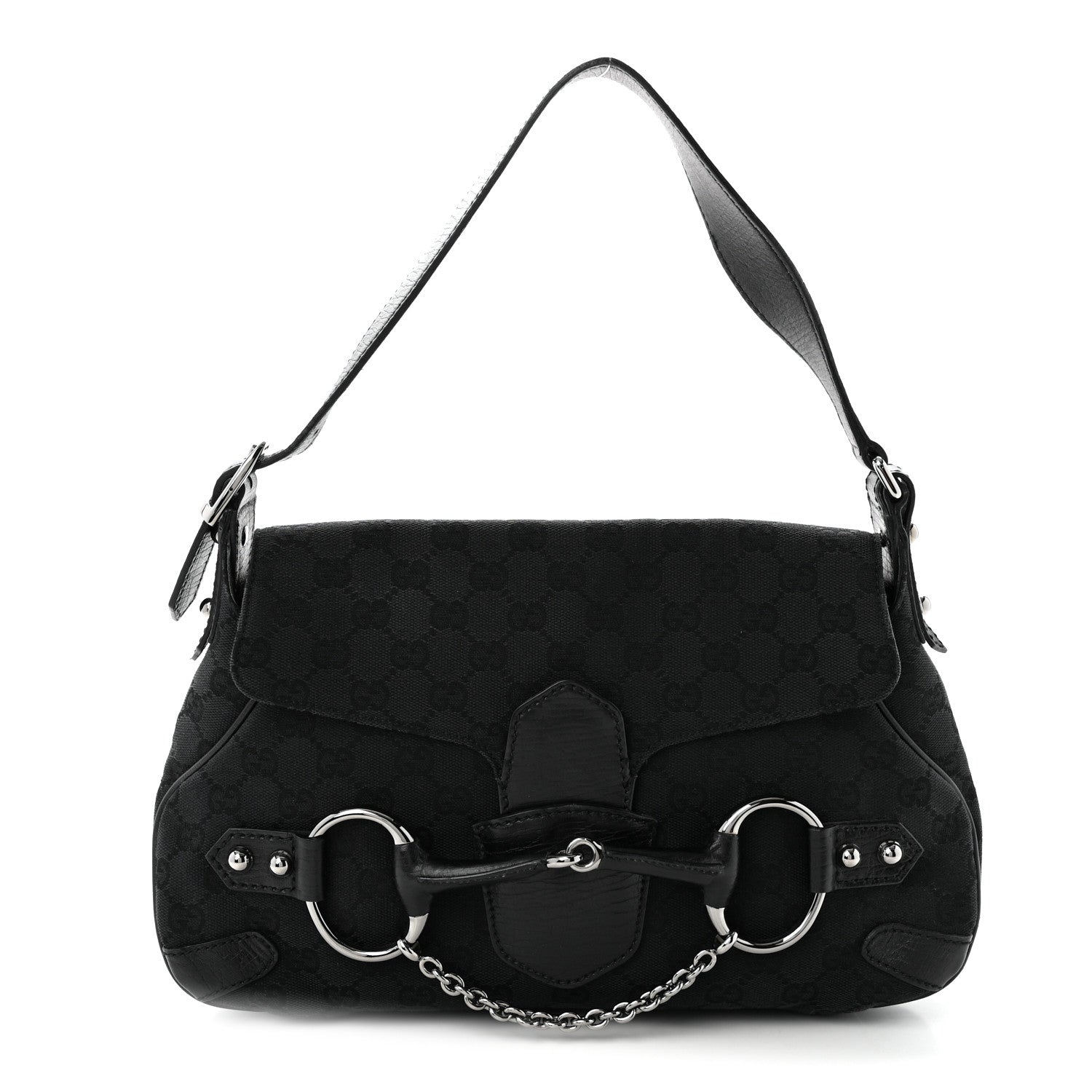 Gucci Monogram Horsebit Chain Flap Shoulder Bag Black 1 of 10