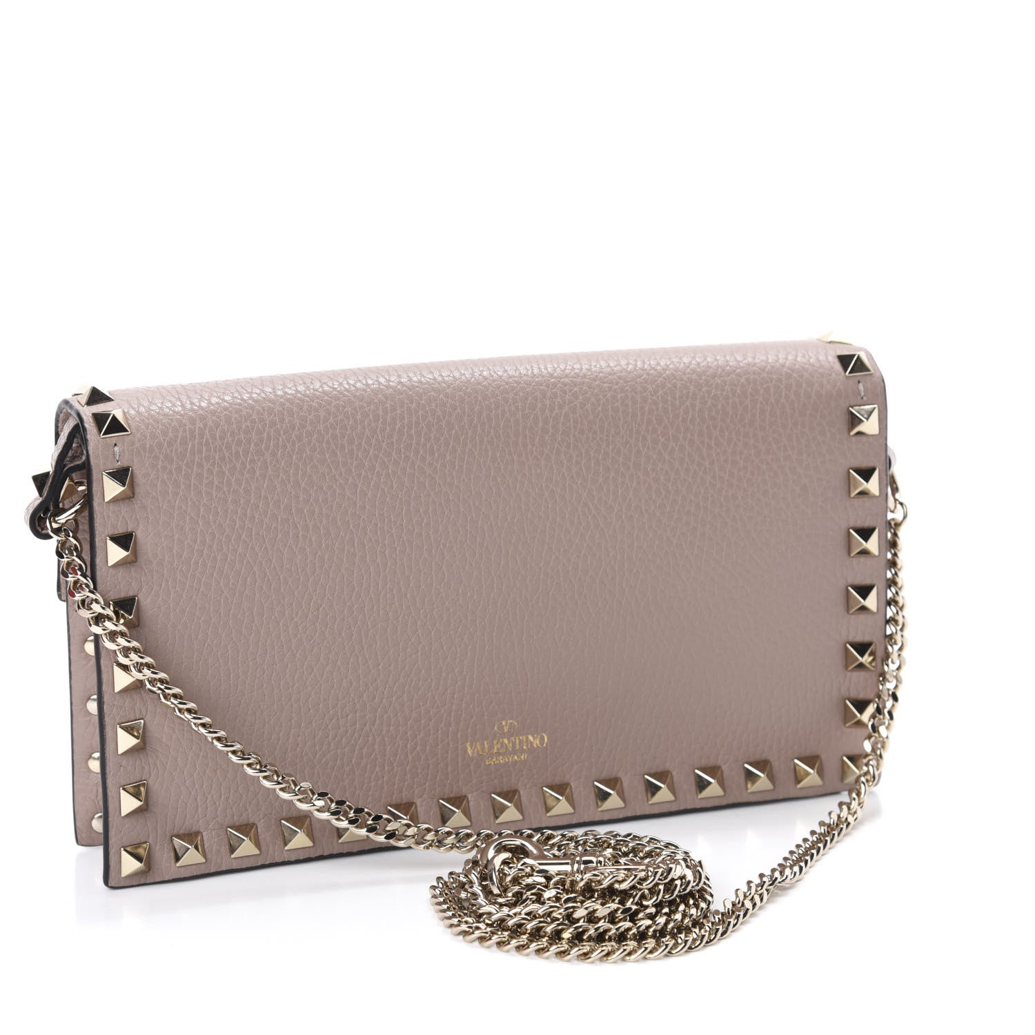 Valentino Garavani Pebbled Calfskin Rockstud Flap Wallet On Chain Poudre 2 of 10