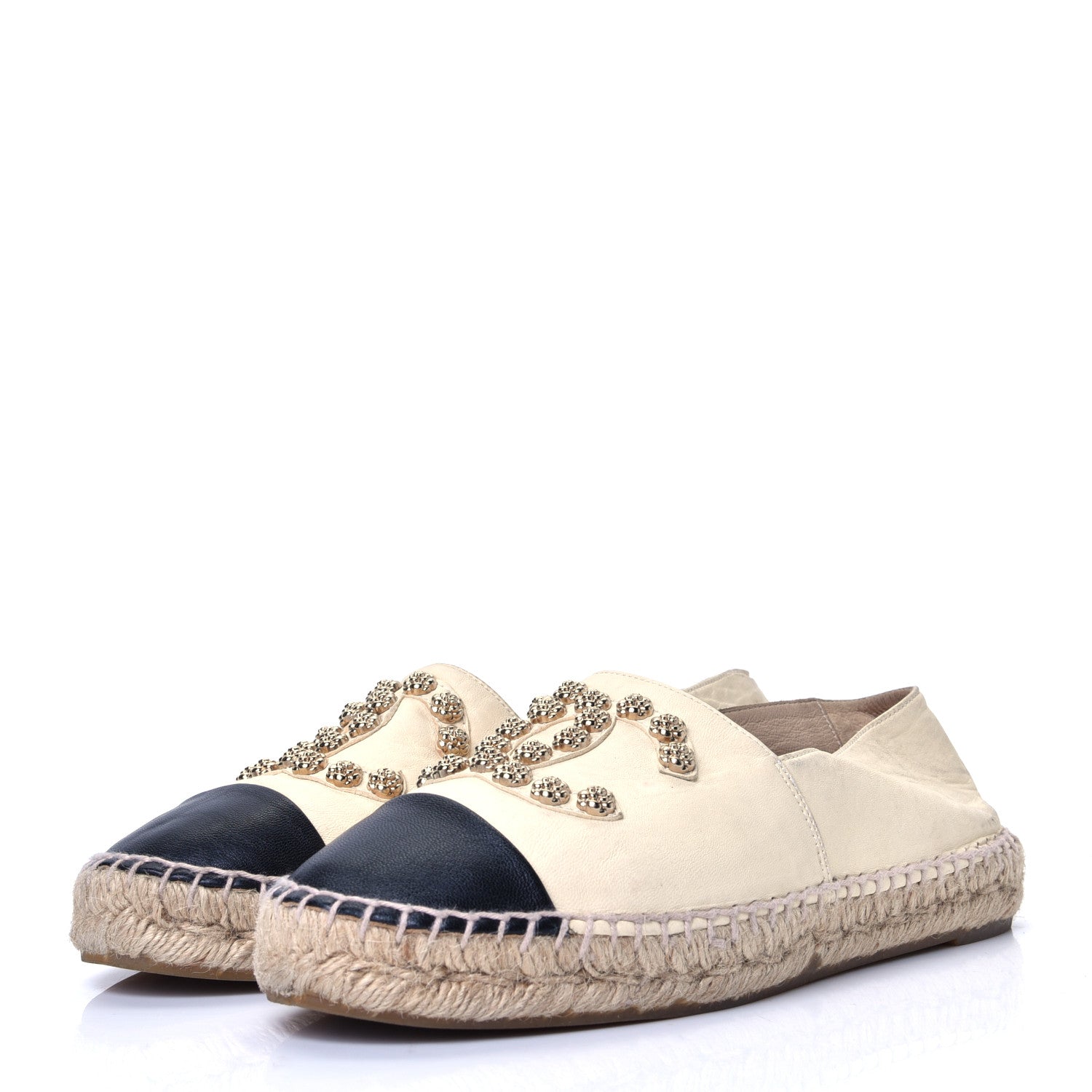Chanel Lambskin CC Camellia Stud Espadrilles 38 Beige Black 2 of 4