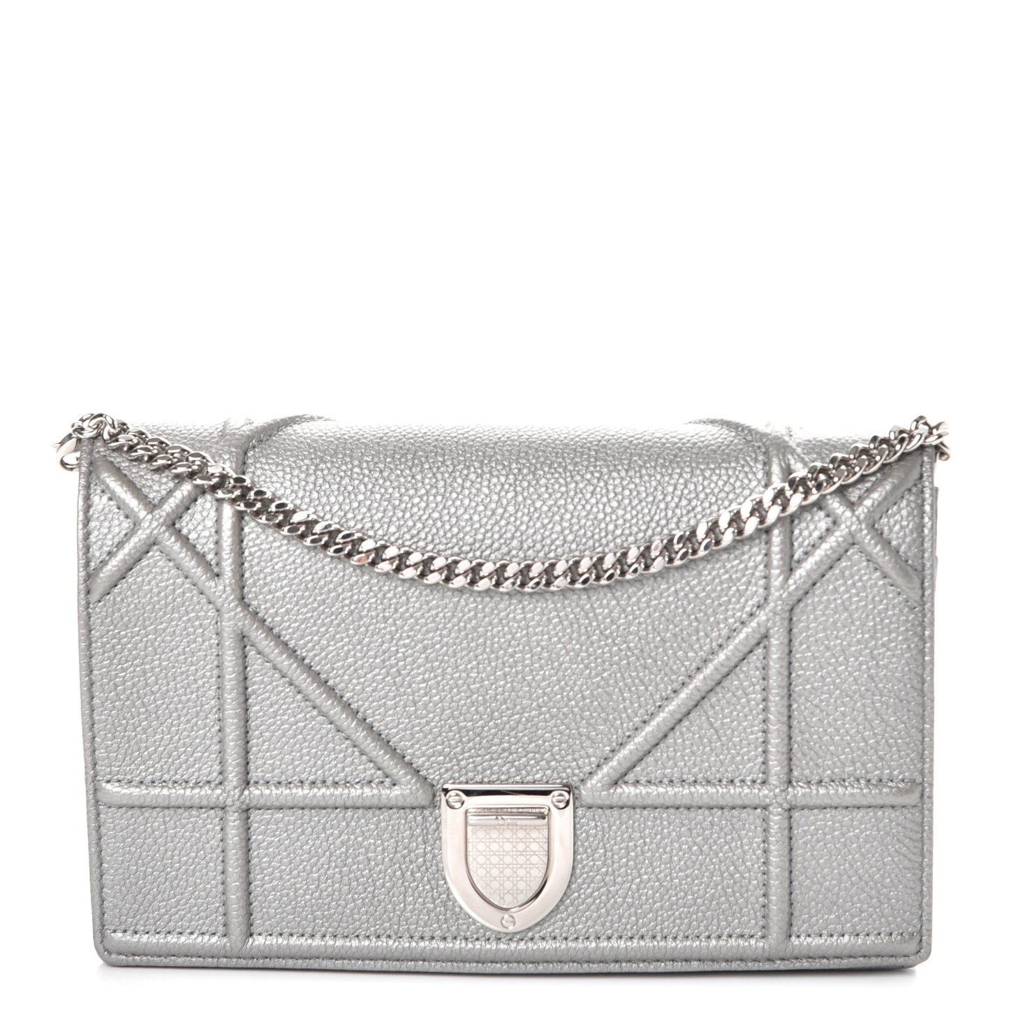 Metallic Grained Calfskin Diorama Wallet on Chain Pouch Silver