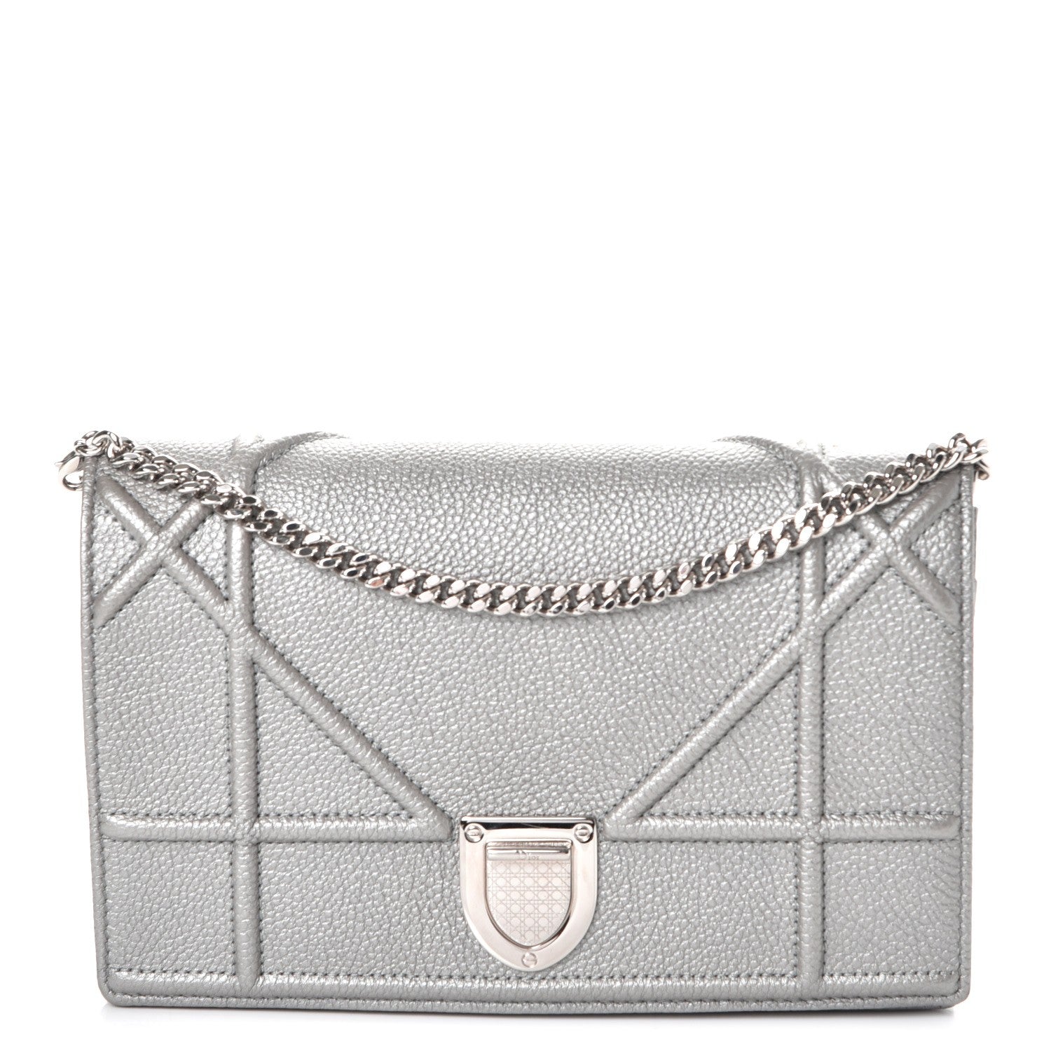 Christian Dior Metallic Grained Calfskin Diorama Wallet on Chain Pouch Silver 1 of 8