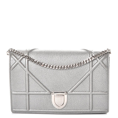 Christian Dior Metallic Grained Calfskin Diorama Wallet on Chain Pouch Silver 1 of 8