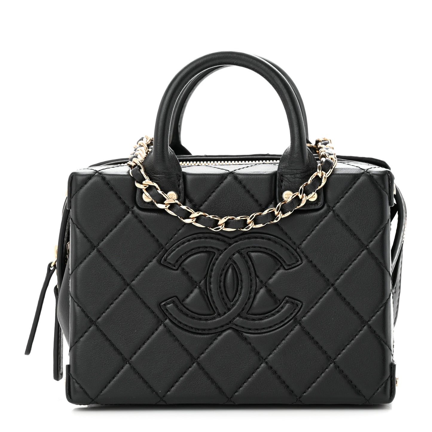 Calfskin Quilted Small Studded Square Vanity Case Black