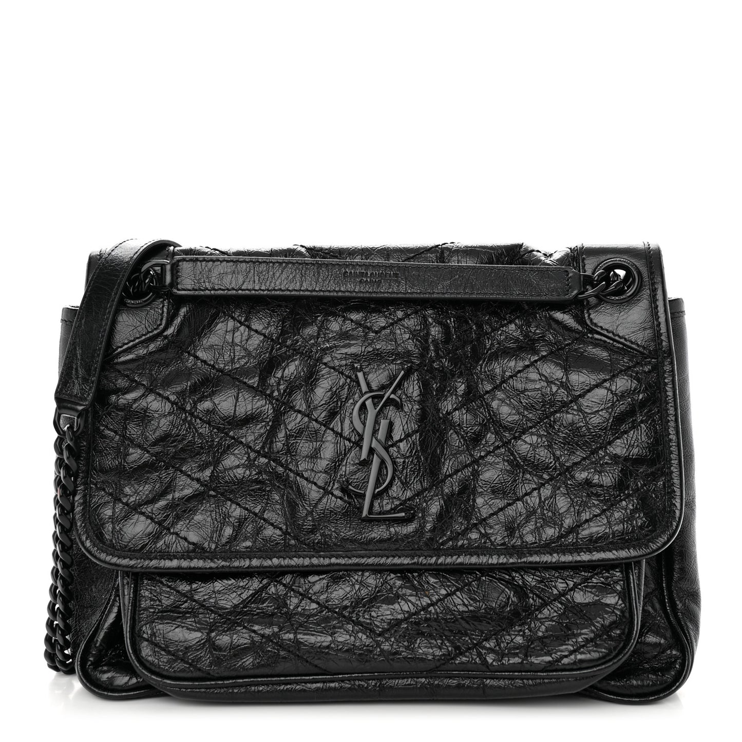 Crinkled Calfskin Matelasse Monogram Medium Niki Chain Satchel Black
